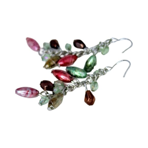 Multi-Colored Art Glass Beaded Cluster Dangle Earrings 2" Silver Tone Boho - Picture 6 of 9